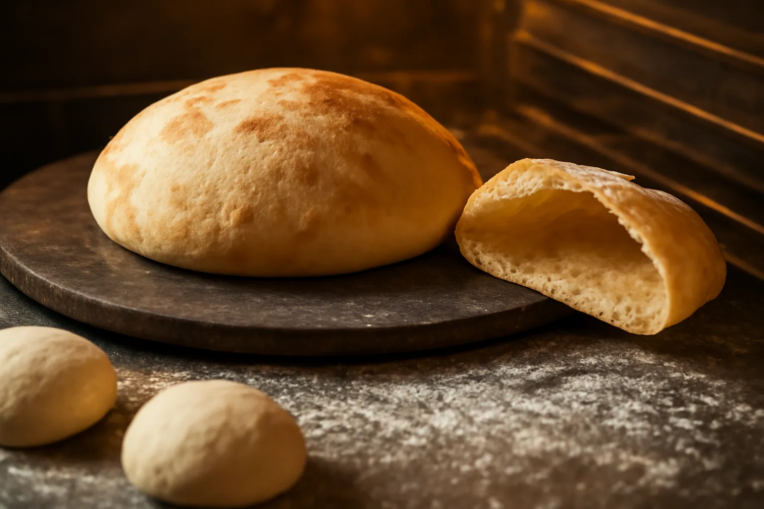 Bánh pita tròn phồng lên trong lò và một chiếc đã cắt đôi thấy túi rỗng