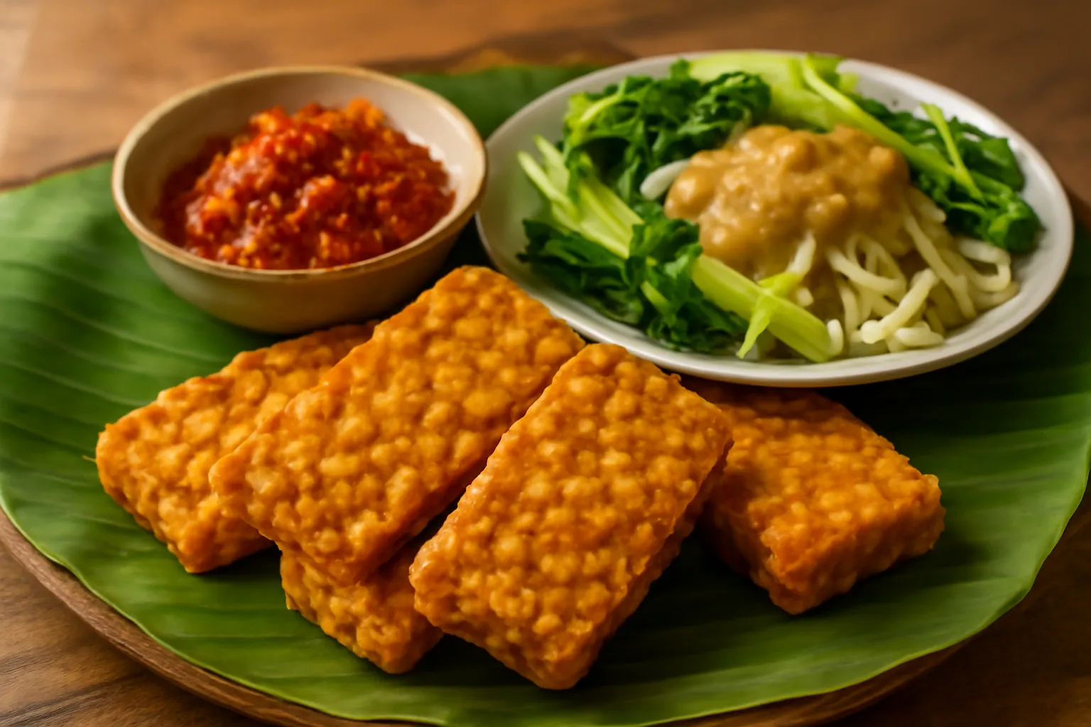 Miếng tempeh chiên vàng cạnh chén sambal đỏ và đĩa rau luộc
