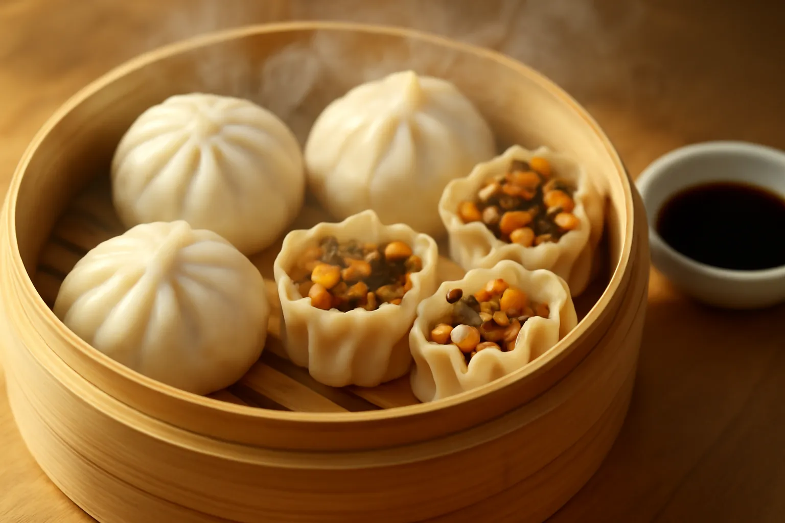 Xửng hấp tre với bánh bao trắng và những viên xíu mại vàng bên cạnh