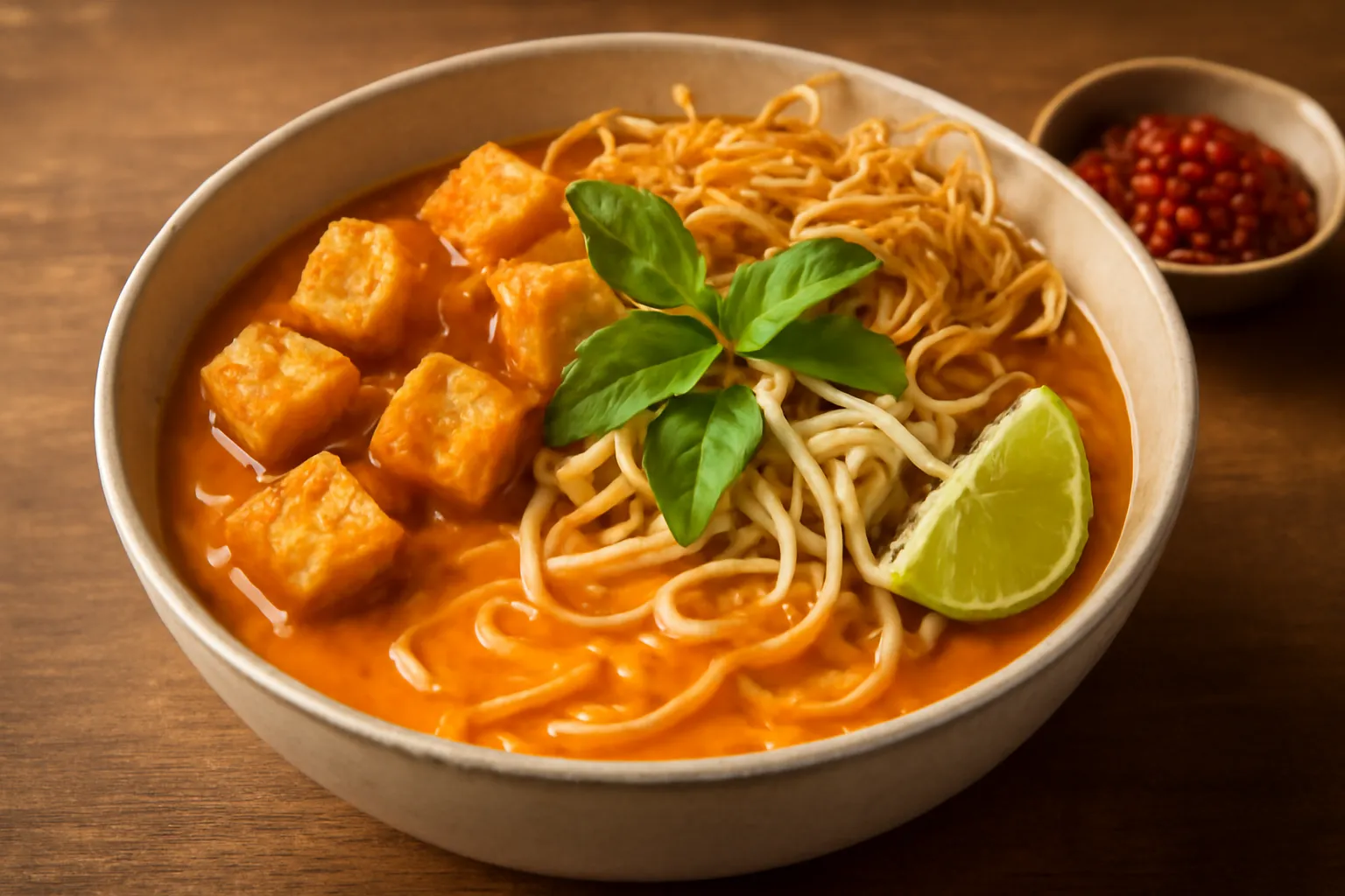 Bát mì nước cam đậm với đậu hũ chiên, giá và mì giòn rắc trên mặt