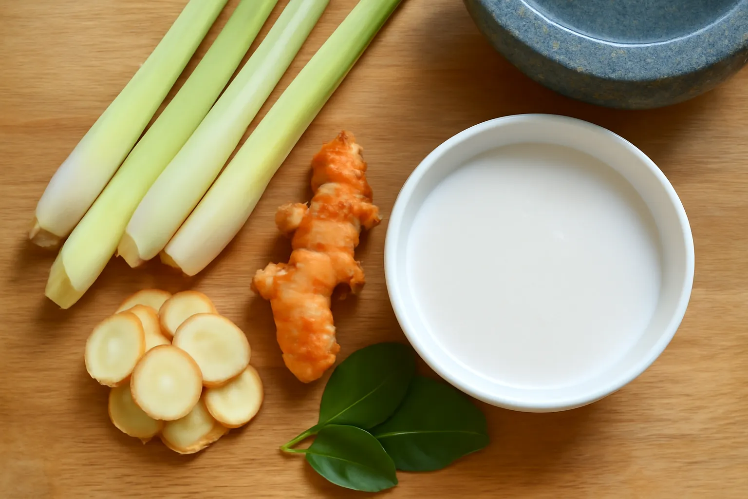 Sả riềng nghệ lá chanh trên thớt cùng bát nước cốt dừa trắng