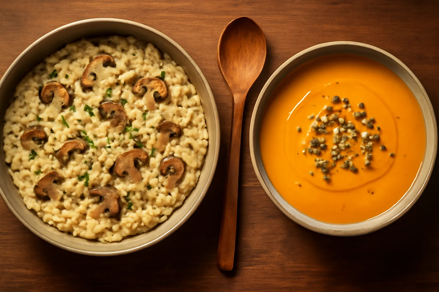 Nồi risotto vàng kem với nấm và rau thơm cùng bát súp bí đỏ