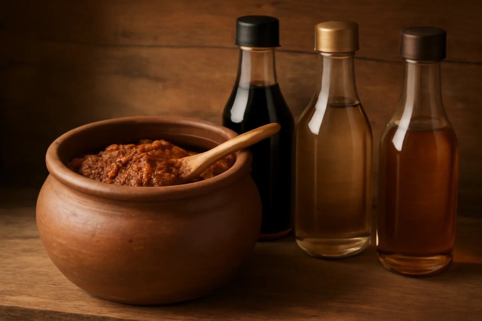 Hũ tương miso mở nắp cùng chai nước tương, giấm và dầu mè trên kệ bếp